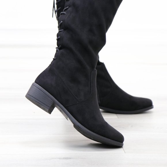 Low Heel Faux Suede Black Thigh High Boots - Picture 12 of 14